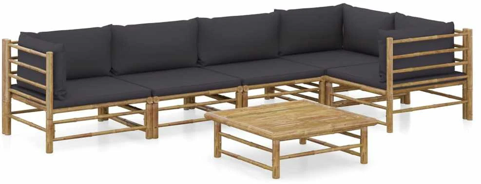 Lauko baldų komplektas Sodo komplektas su pilkomis pagalvėmis, 6 dalių, bambukas