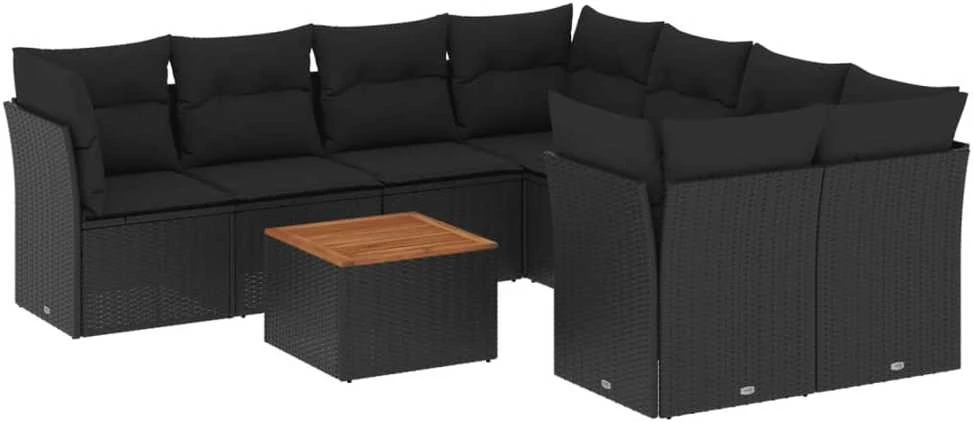 Lauko baldų komplektas Sodo komplektas su pagalvėlėmis, 9 dalių, juodas, poliratanas