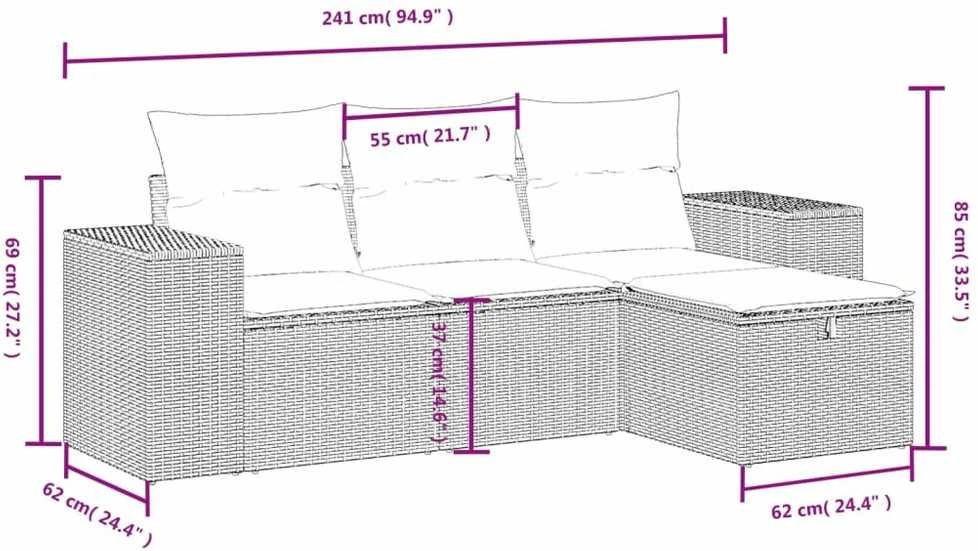 Lauko baldų komplektas Sodo komplektas su pagalvėlėmis, 4 dalių, juodas, poliratanas