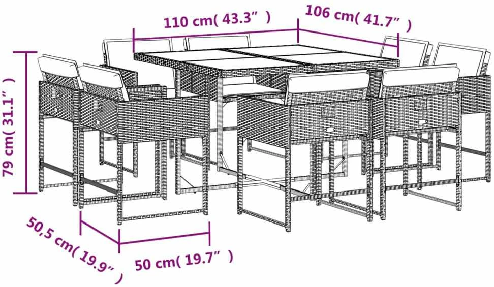 Lauko baldų komplektas Sodo komplektas su pagalvėlėmis, 9 dalių, pilkas, poliratanas