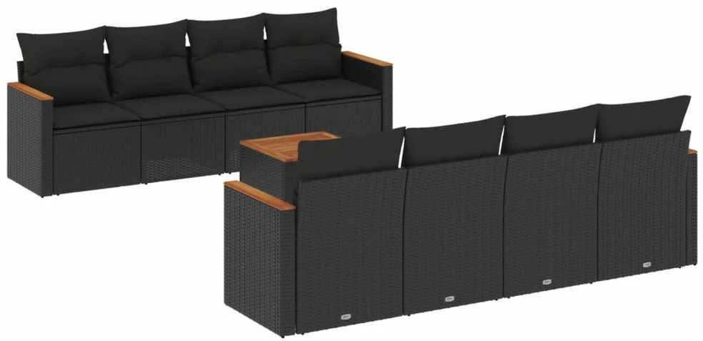 Lauko baldų komplektas Sodo komplektas su pagalvėlėmis, 9 dalių, juodas, poliratanas