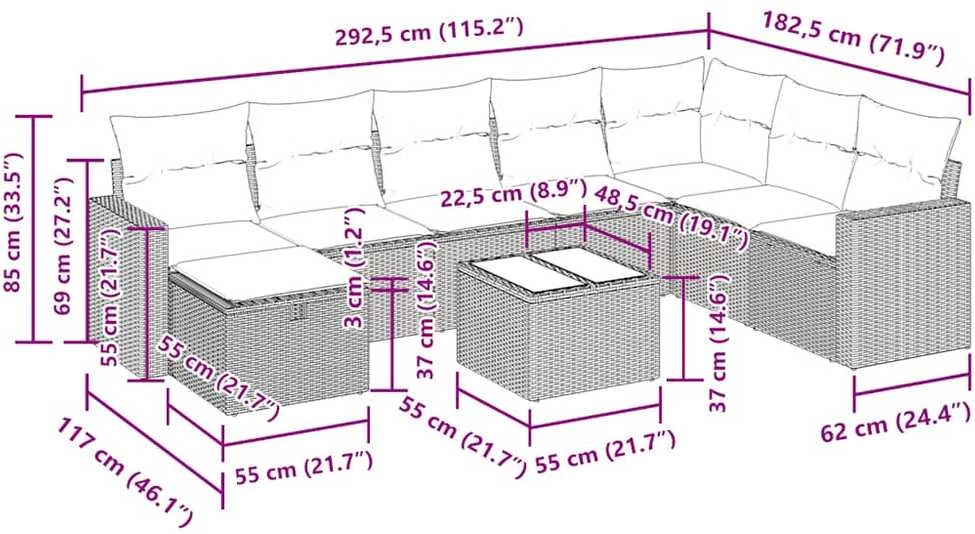Lauko baldų komplektas Sodo komplektas su pagalvėlėmis, 9 dalių, juodas, poliratanas