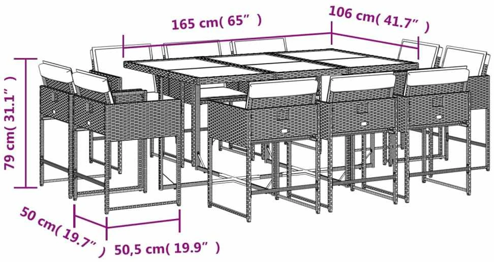 Lauko baldų komplektas Sodo komplektas su pagalvėlėmis, 11 dalių, pilkas, poliratanas