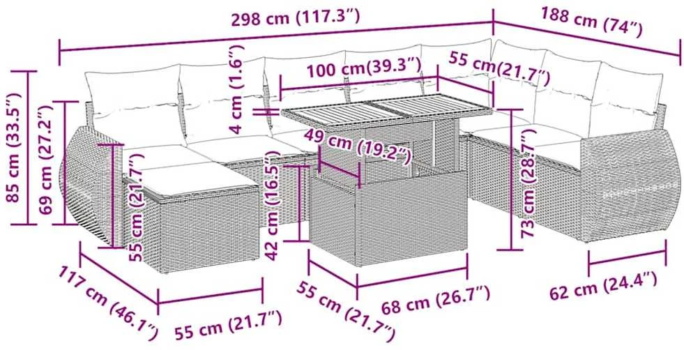 Lauko baldų komplektas Sodo komplektas su pagalvėlėmis, 9 dalių, juodas, poliratanas