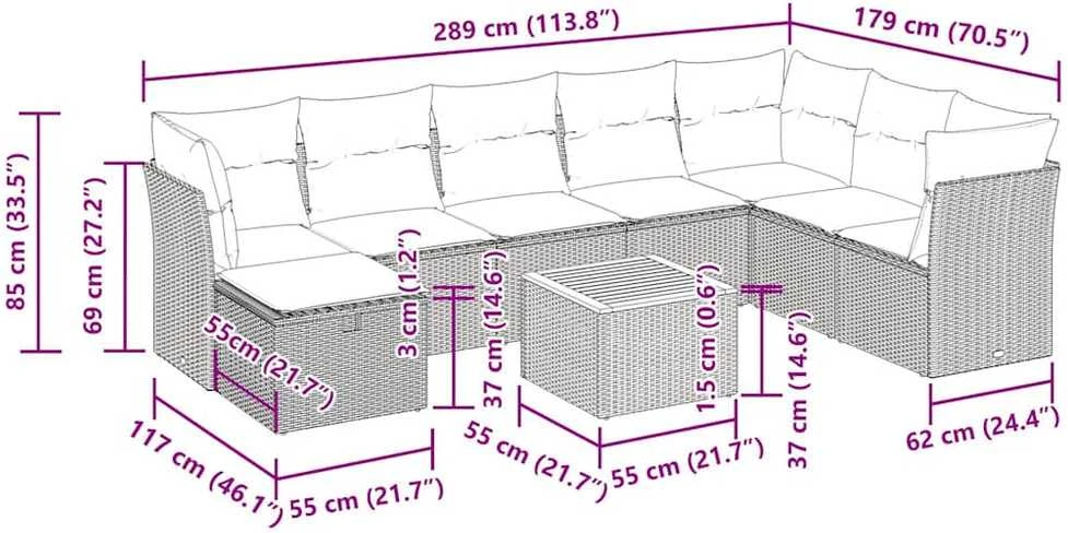 Lauko baldų komplektas Sodo komplektas su pagalvėlėmis, 9 dalių, juodas, poliratanas