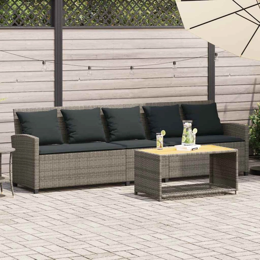 Sodo sofa, 5 vietų, su pagalvėlėmis, pilka, poliratanas