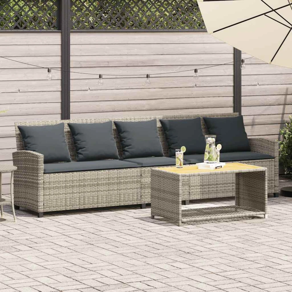 Sodo sofa, 5 vietų, su pagalvėlėmis, šviesiai pilka, poliratanas