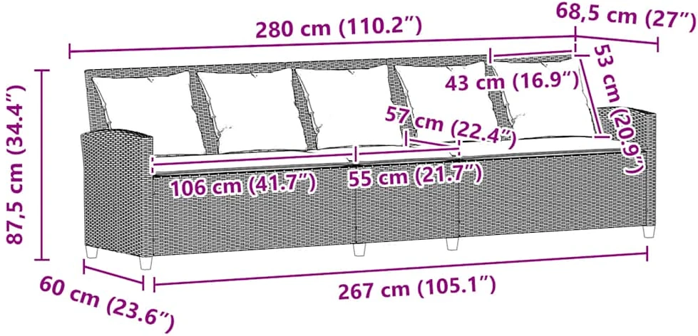 Sodo sofa, 5 vietų, su pagalvėlėmis, pilka, poliratanas