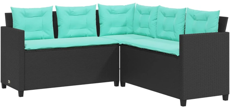 Sodo sofa su stalu ir pagalvėlėmis, L formos, juodas, poliratanas
