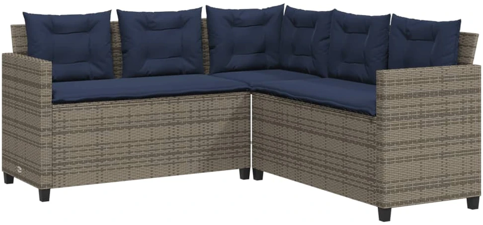 Sodo sofa su stalu ir pagalvėlėmis, L formos, pilka, poliratanas
