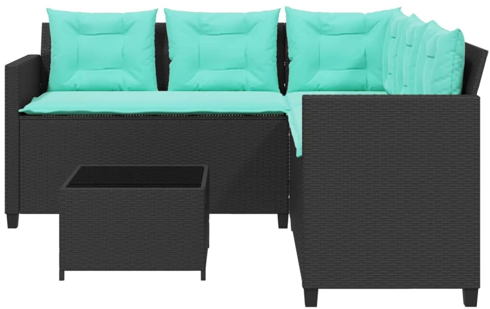 Sodo sofa su stalu ir pagalvėlėmis, L formos, juodas, poliratanas