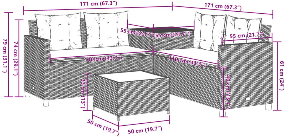Lauko baldų komplektas Sodo sofa su stalu ir pagalvėlėmis, L formos, pilka, poliratanas