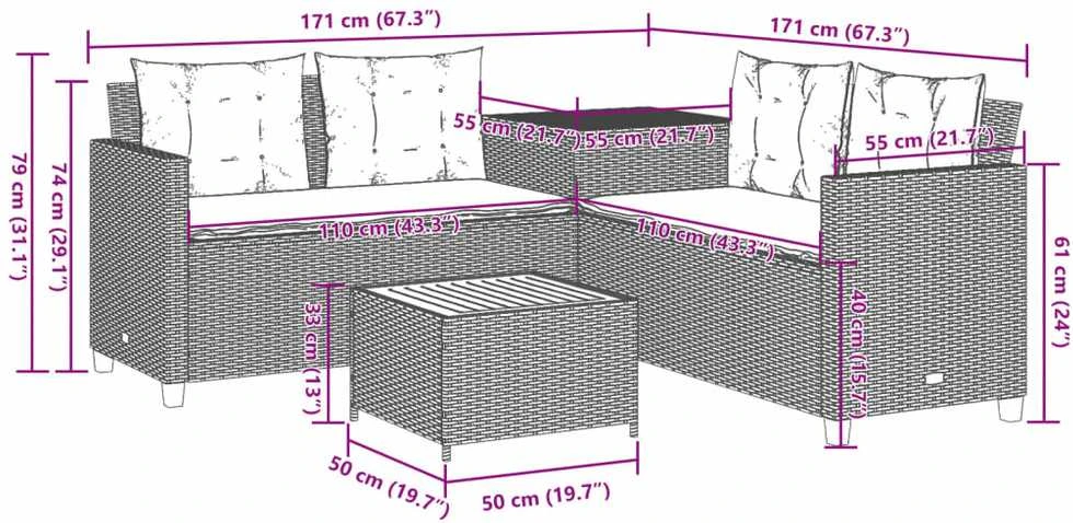 Sodo sofa su stalu/pagalvėlėmis, pilka, poliratanas, L formos