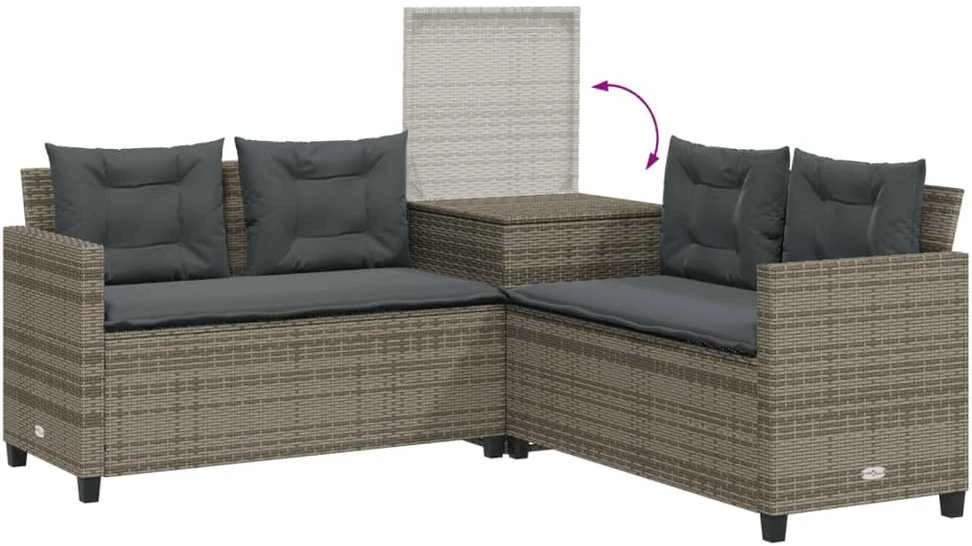 Sodo sofa su stalu/pagalvėlėmis, pilka, poliratanas, L formos