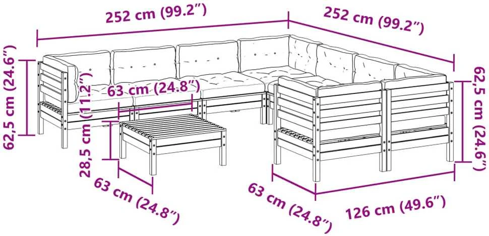 Lauko baldų komplektas Sodo sofos komplektas su pagalvėlėmis, 9 dalių, pušis