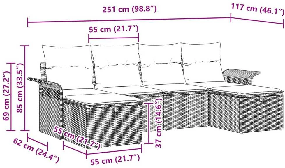 Lauko baldų komplektas Sodo Sofų Rinkinys 6 vnt. Poli ratanas