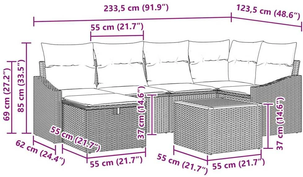 Lauko baldų komplektas Sodo Sofų Rinkinys 7 vnt. Pilka Poli ratanas