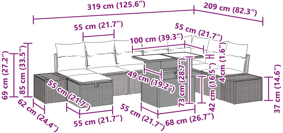 Sodo Sofų Rinkinys 9 vnt. Juoda poliratanas