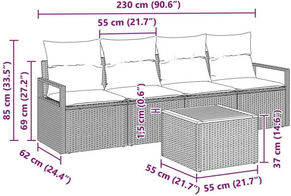 Lauko baldų komplektas Sodo Sofų Rinkinys 5 vnt. Pilka poliratanas