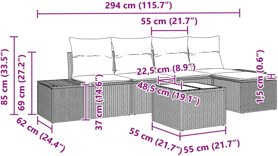 Sodo Sofų Rinkinys 5 vnt. Juoda ir turkio poliratanas