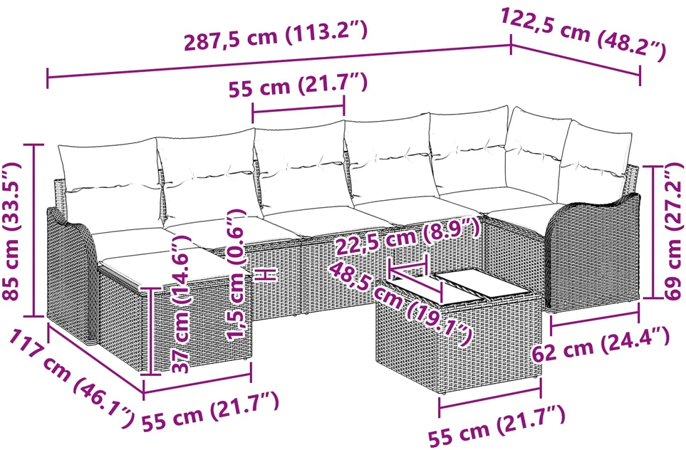Sodo Sofų Rinkinys su pagalve 8 pcs Pilka Poli ratanas