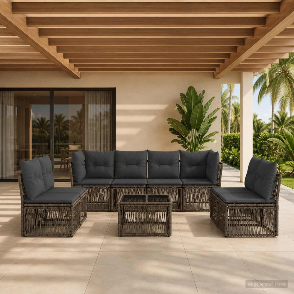Lauko baldų komplektas Sodo Sofų Rinkinys 9 vnt. Pilka poliratanas