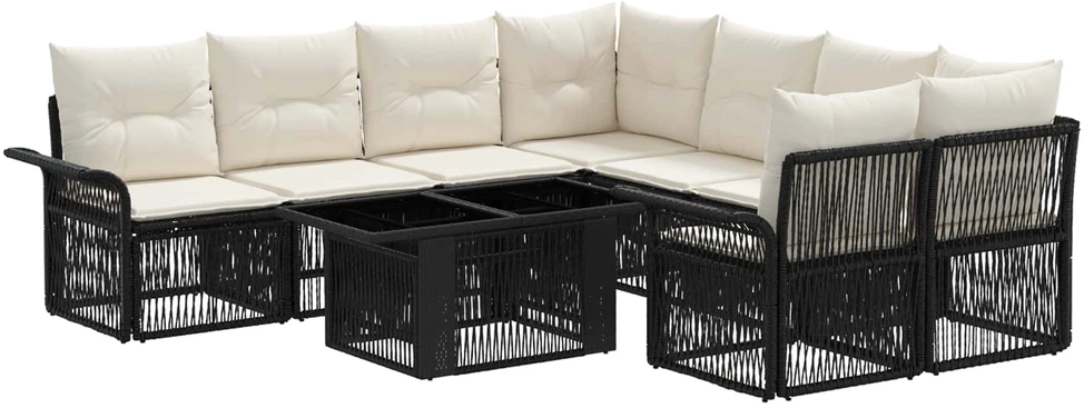 Lauko baldų komplektas Sodo Sofų Rinkinys 9 vnt. Juoda ir kreminė balta poliratanas
