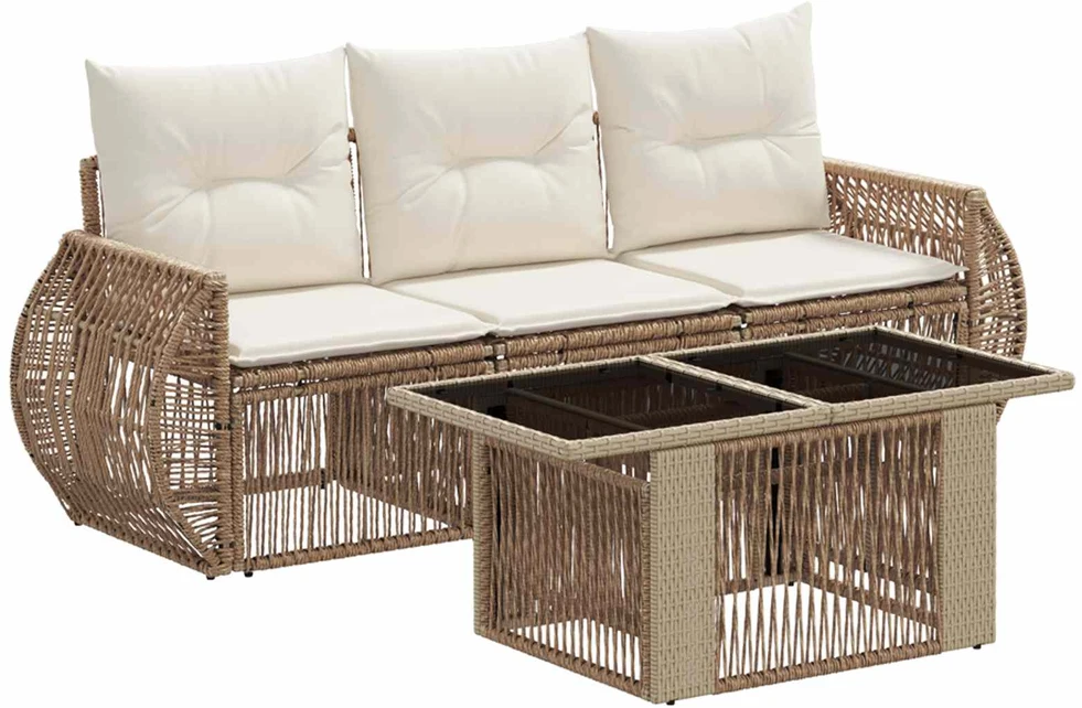 Lauko baldų komplektas Sodo Sofų Rinkinys 4 vnt. Bežė ir kreminė balta poliratanas