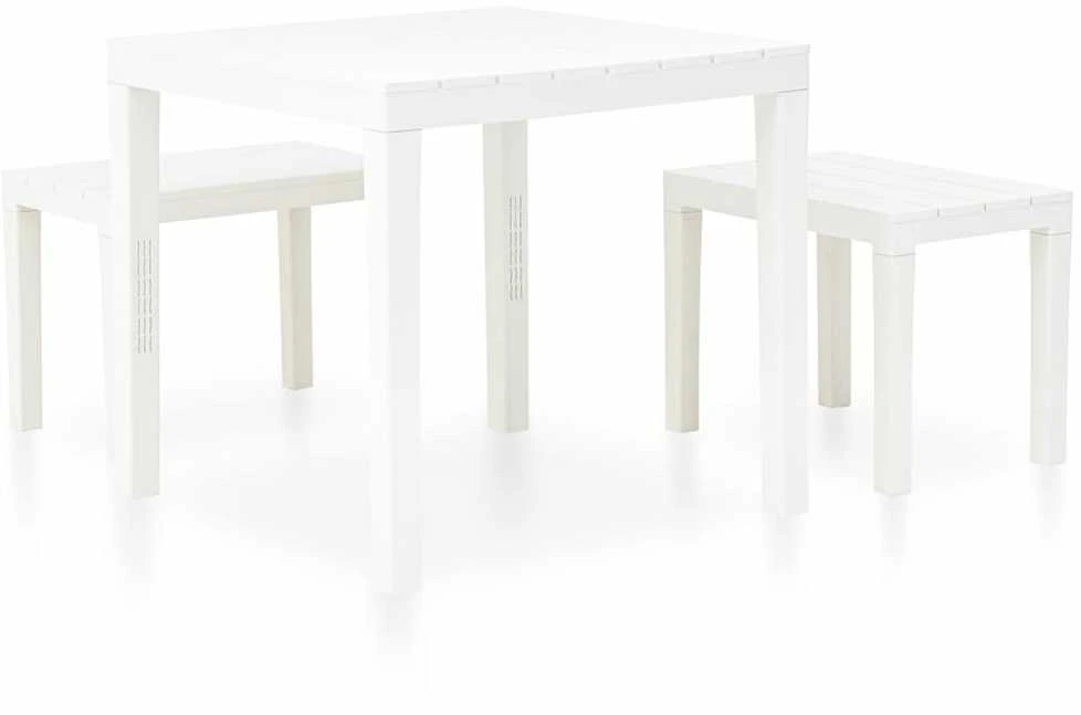 Lauko baldų komplektas Sodo stalas su 2 suoliukais, baltos spalvos, plastikas