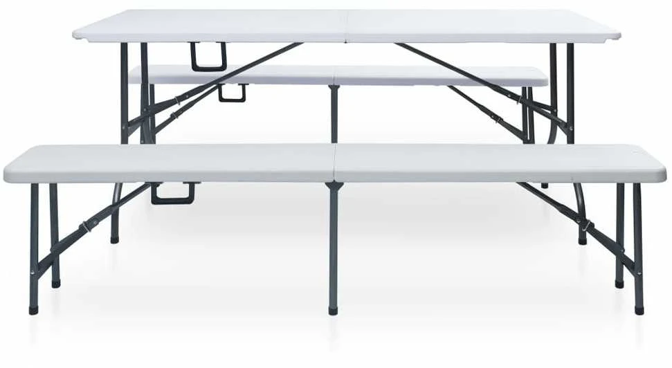 Sodo stalas su 2 suoliukais, baltas, 180cm, plienas ir HDPE