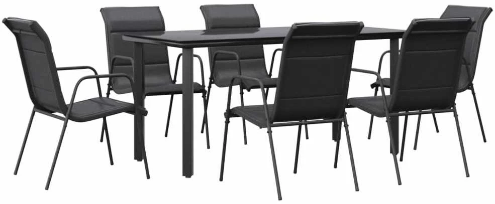 Lauko baldų komplektas Sodo valgomojo komplektas, 7 dalių, juodas, plienas/tekstilenas