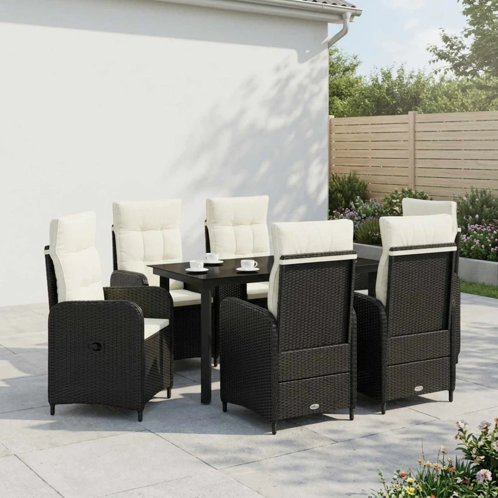 Lauko baldų komplektas Sofa Stalo Rinkinys 7 vnt. Juoda ir kreminė balta
