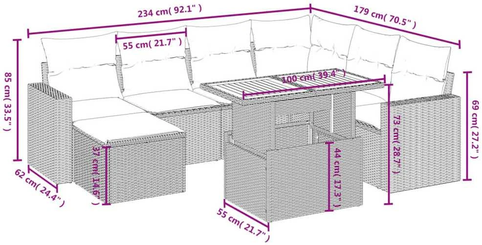 Lauko baldų komplektas Sofos komplektas su pagalvėlėmis, 8 dalių, juodas, poliratanas