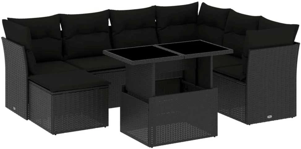 Lauko baldų komplektas Sofos komplektas su pagalvėlėmis, 8 dalių, juodas, poliratanas