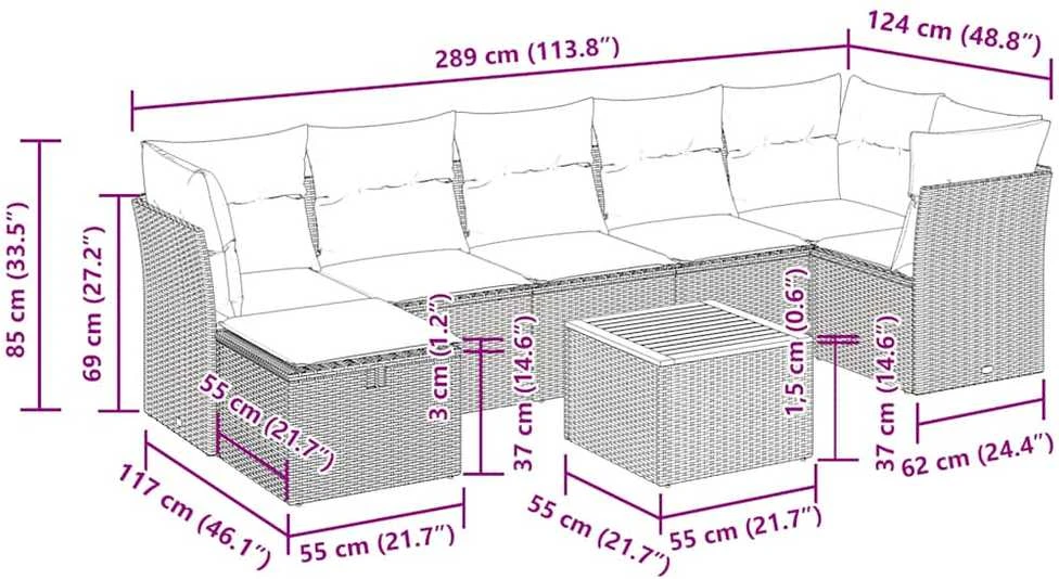 Lauko baldų komplektas Sofos komplektas su pagalvėlėmis, 8 dalių, juodas, poliratanas