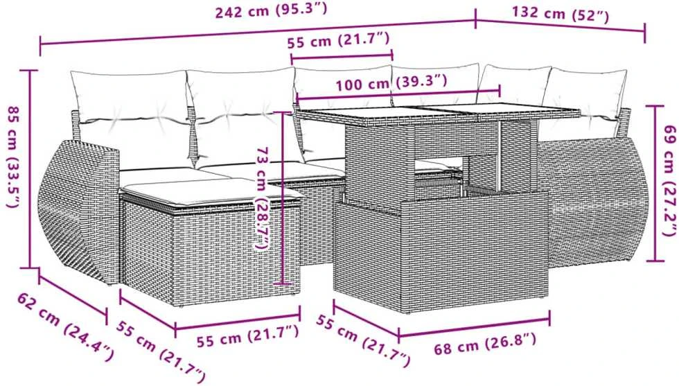 Lauko baldų komplektas Sofos komplektas su pagalvėlėmis, 7 dalių, juodas, poliratanas