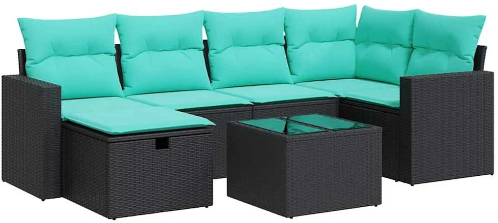 Sofos komplektas su pagalvėlėmis, 7 dalių, juodas, poliratanas
