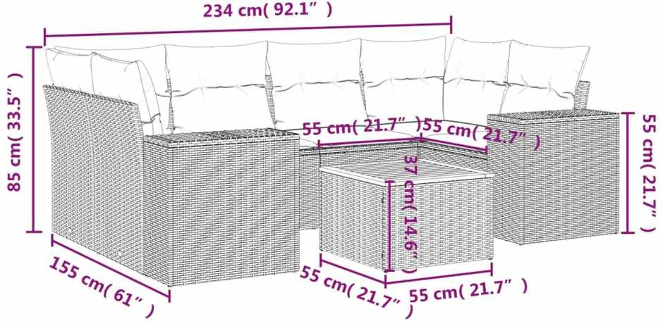 Lauko baldų komplektas Sofos komplektas su pagalvėlėmis, 7 dalių, juodas, poliratanas