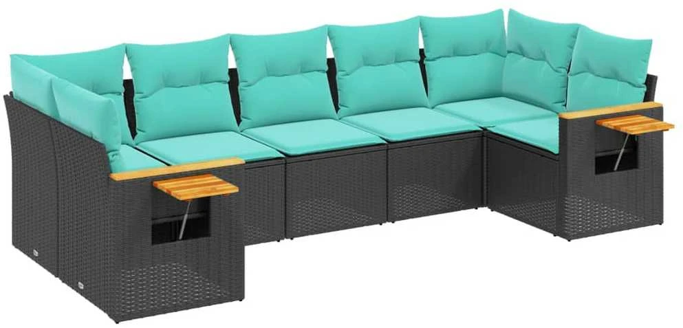 Sofa Sofos komplektas su pagalvėlėmis, 7 dalių, juodas, poliratanas