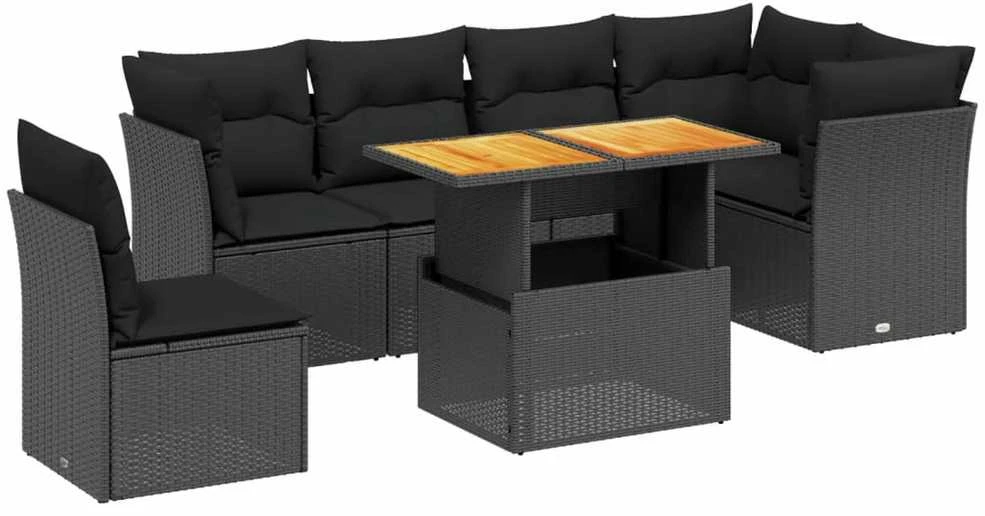 Lauko baldų komplektas Sofos komplektas su pagalvėlėmis, 7 dalių, juodas, poliratanas