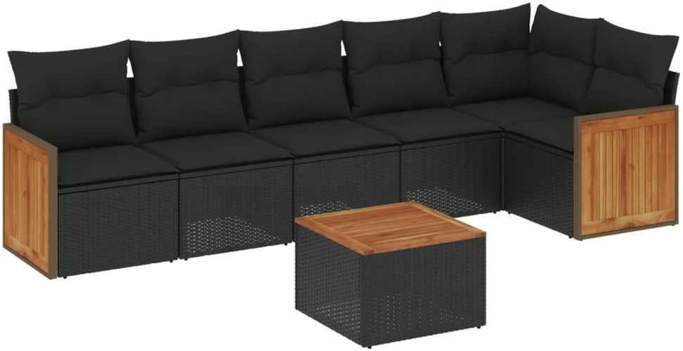 Lauko baldų komplektas Sofos komplektas su pagalvėlėmis, 7 dalių, juodas, poliratanas