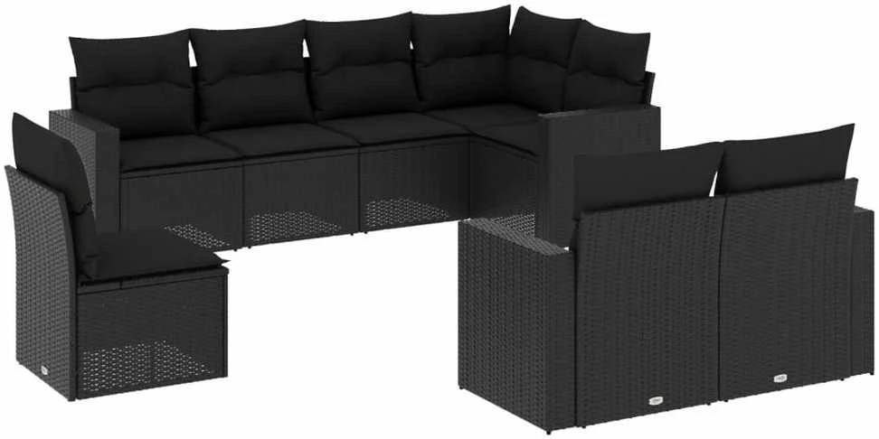 Lauko baldų komplektas Sofos komplektas su pagalvėlėmis, 8 dalių, juodas, poliratanas