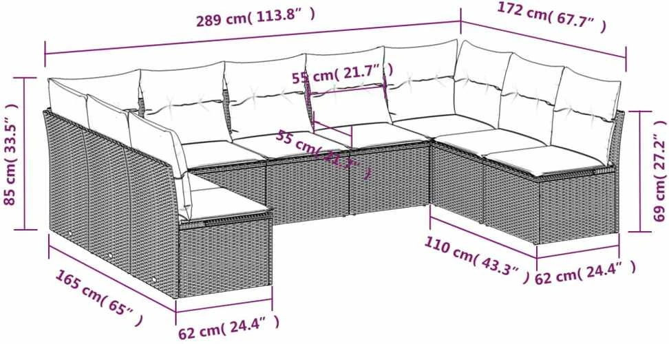 Lauko baldų komplektas Sofos komplektas su pagalvėlėmis, 9 dalių, pilkas, poliratanas