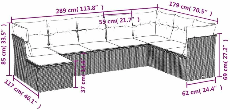 Lauko baldų komplektas Sofos komplektas su pagalvėlėmis, 8 dalių, juodas, poliratanas