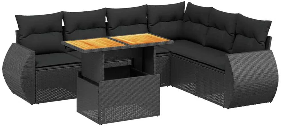 Lauko baldų komplektas Sofos komplektas su pagalvėlėmis, 7 dalių, juodas, poliratanas