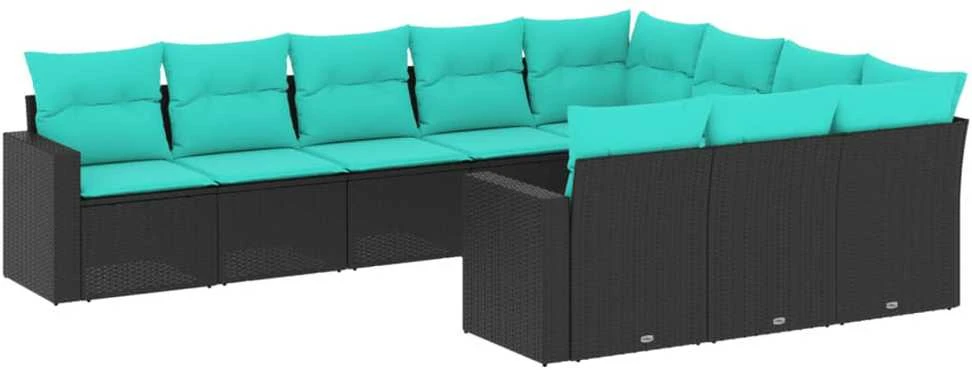 Sofa Sofos komplektas su pagalvėlėmis, 10 dalių, juodas, poliratanas