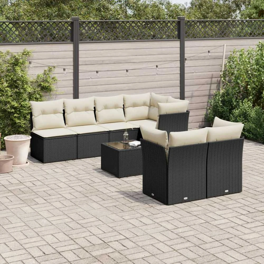 Lauko baldų komplektas Sofos komplektas su pagalvėlėmis, 8 dalių, juodas, poliratanas