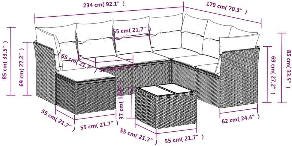 Sofos komplektas su pagalvėlėmis, 8 dalių, juodas, poliratanas