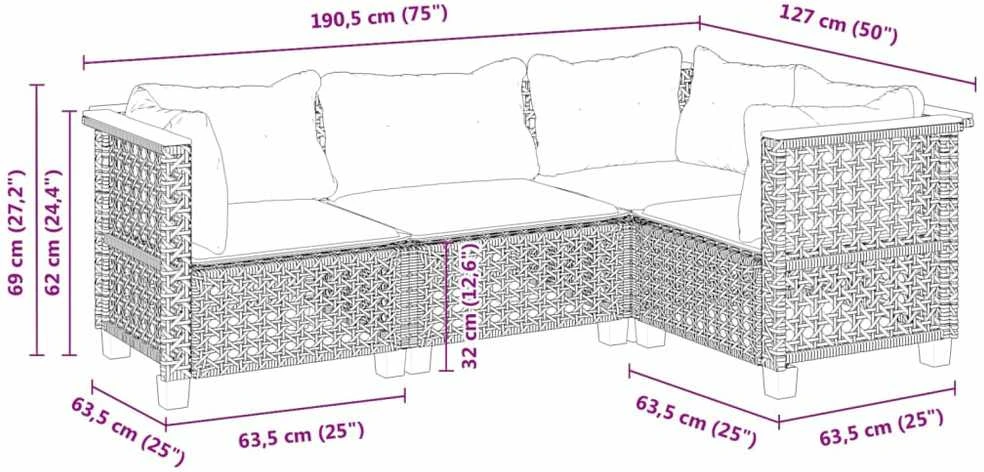 Lauko baldų komplektas Sofos komplektas su pagalvėlėmis, 4 dalių, smėlio, poliratanas