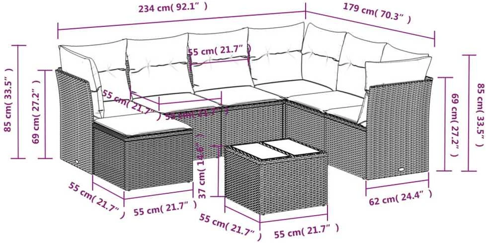 Lauko baldų komplektas Sofos komplektas su pagalvėlėmis, 8 dalių, juodas, poliratanas
